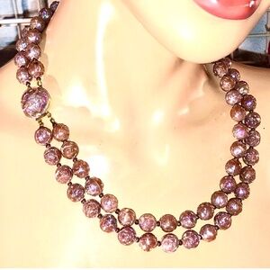 VTG 30s/40s Root Beer Flower Molded Plastic Dbl Strand Beaded Necklace Austria